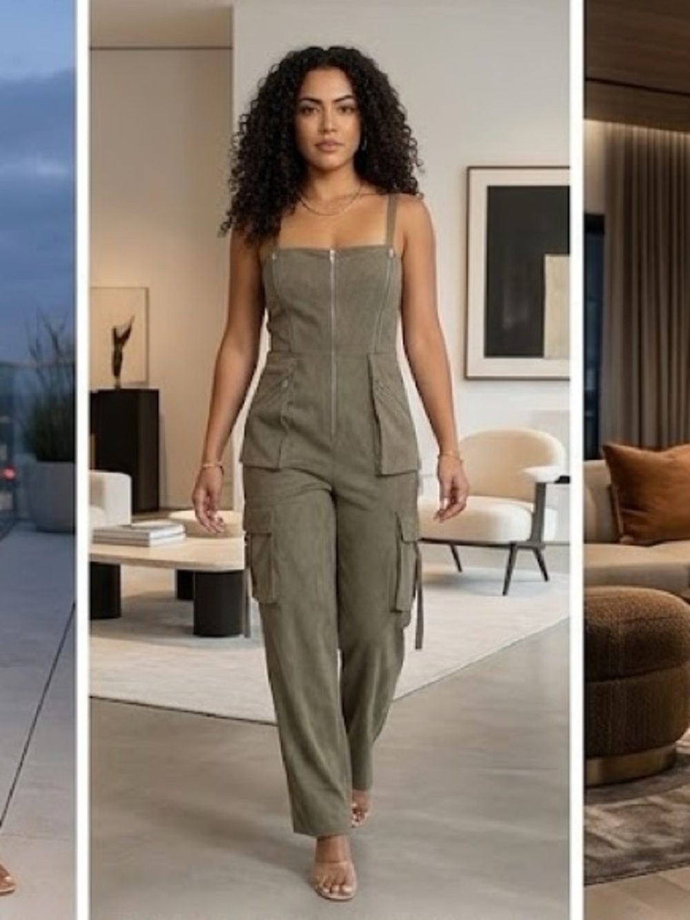 Blogger favorite Olive Cargo Wide Leg Jumpsuit Zip Front Utility Romper Pockets